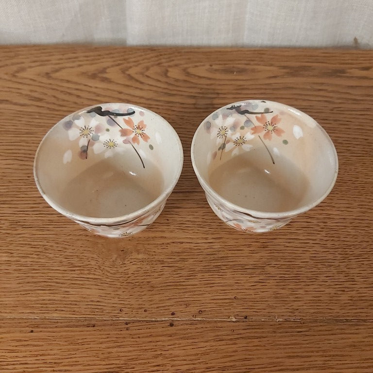 Pair of Handpainted Sakura Japanese Matcha or Rice Bowls