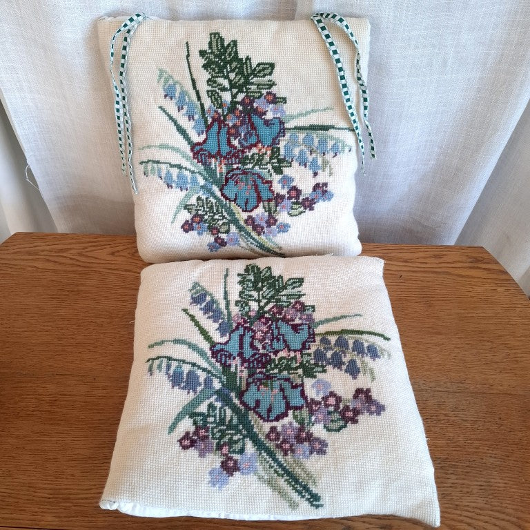 Pair of Vintage Wool Needlework Cushions Chair Pads