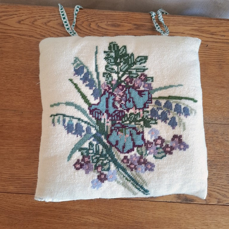 Pair of Vintage Wool Needlework Cushions Chair Pads