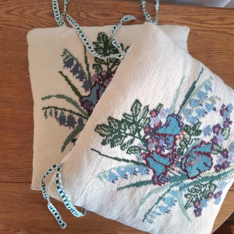 Pair of Vintage Wool Needlework Cushions Chair Pads