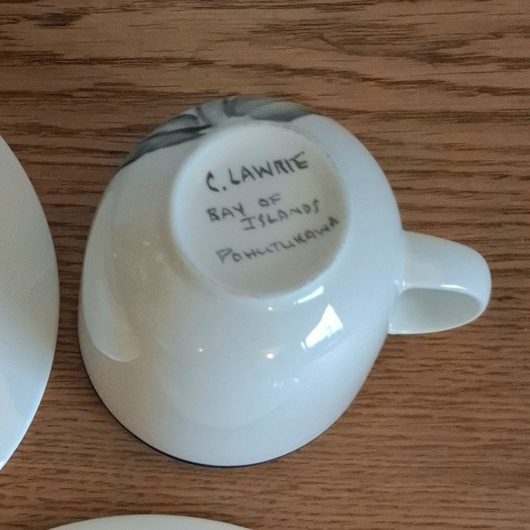 Handpainted Pohutukawa Tea Cup Trio Signed C Lawrie
