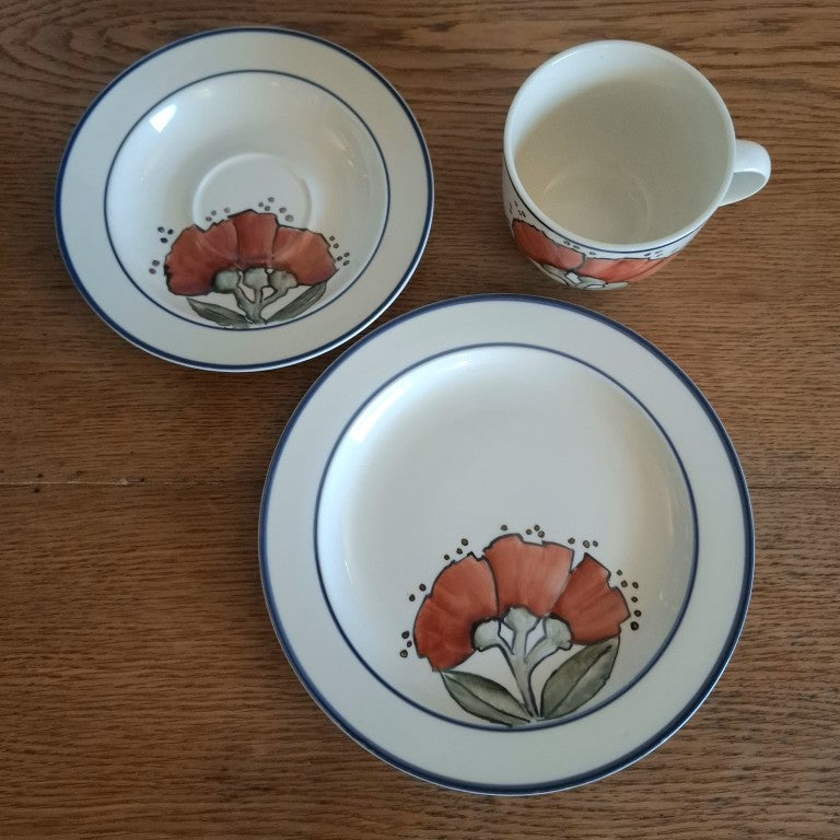 Handpainted Pohutukawa Tea Cup Trio Signed C Lawrie