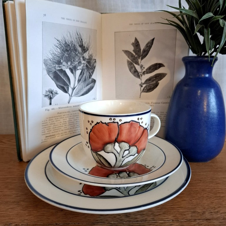 Handpainted Pohutukawa Tea Cup Trio Signed C Lawrie
