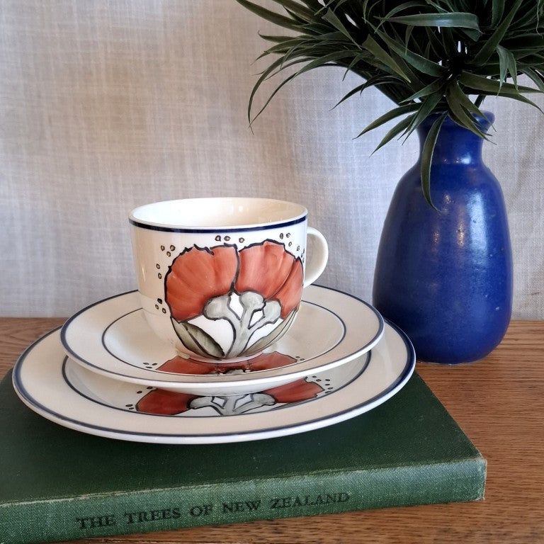 Handpainted Pohutukawa Tea Cup Trio Signed C Lawrie