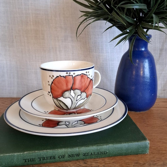 Handpainted Pohutukawa Tea Cup Trio Signed C Lawrie
