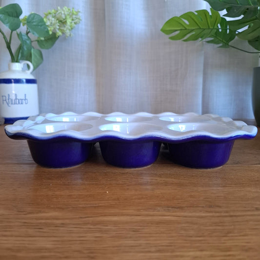 Vintage Emile Henry Ceramic 6-Cup Muffin Pan - Cobalt Blue