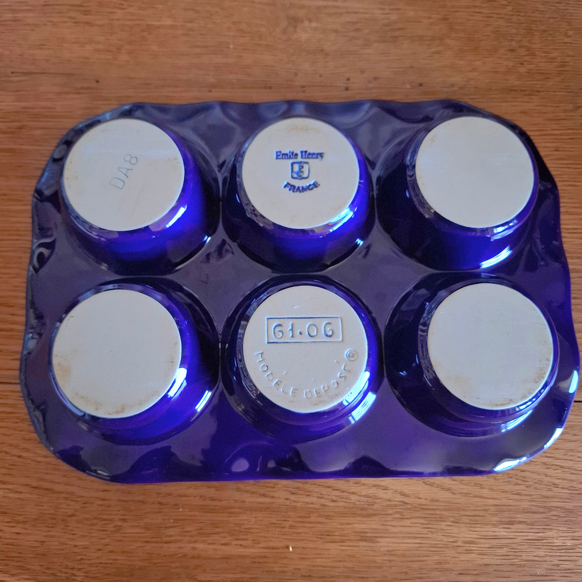 Vintage Emile Henry Ceramic 6-Cup Muffin Pan - Cobalt Blue
