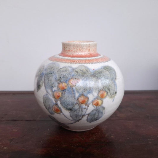 Pretty Spherical Pottery Vase with Leaves and Berries
