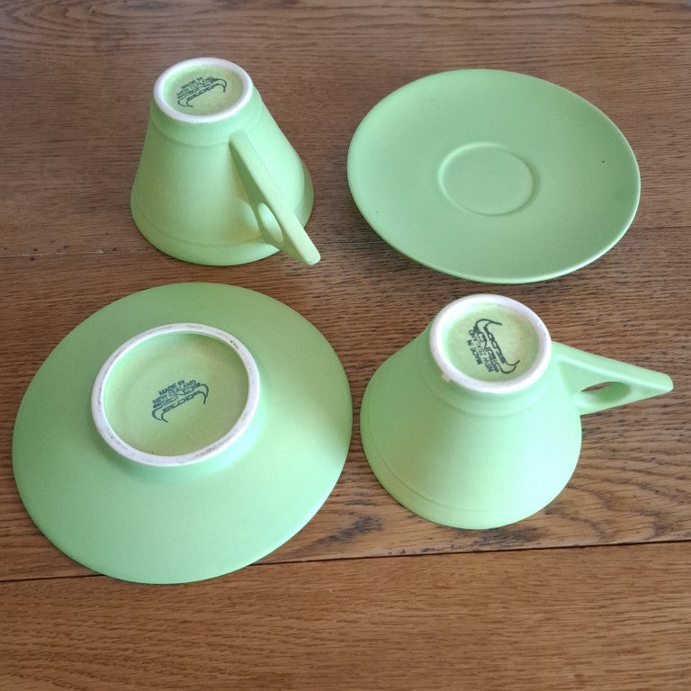 Rare Bob Steiner Green Deco Pair or Tea Cups and Saucers