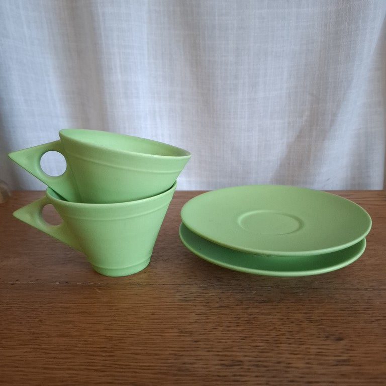 Rare Bob Steiner Green Deco Pair or Tea Cups and Saucers