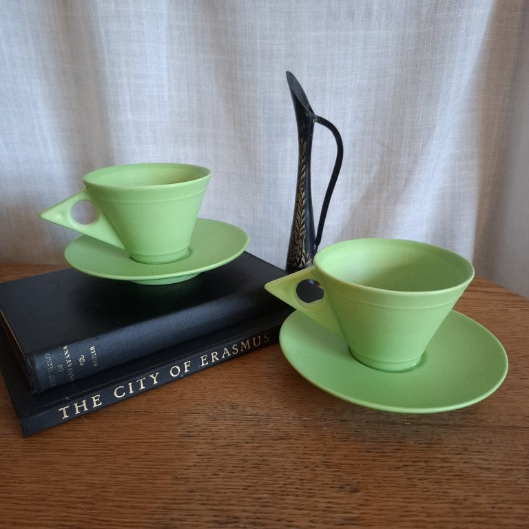 Rare Bob Steiner Green Deco Pair or Tea Cups and Saucers
