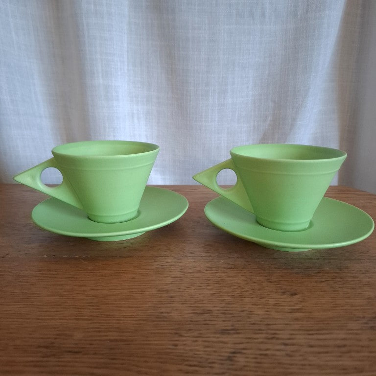 Rare Bob Steiner Green Deco Pair or Tea Cups and Saucers