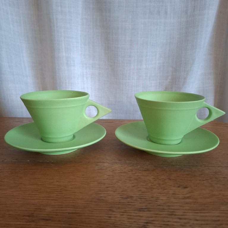 Rare Bob Steiner Green Deco Pair or Tea Cups and Saucers