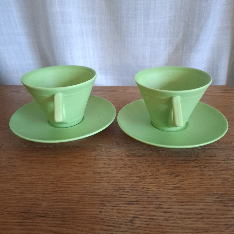 Rare Bob Steiner Green Deco Pair or Tea Cups and Saucers