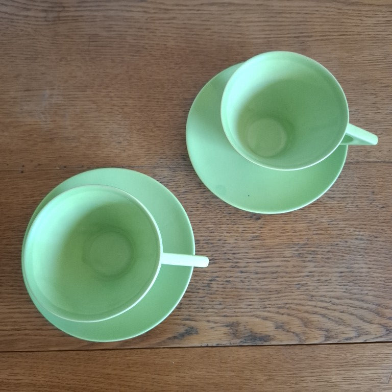 Rare Bob Steiner Green Deco Pair or Tea Cups and Saucers