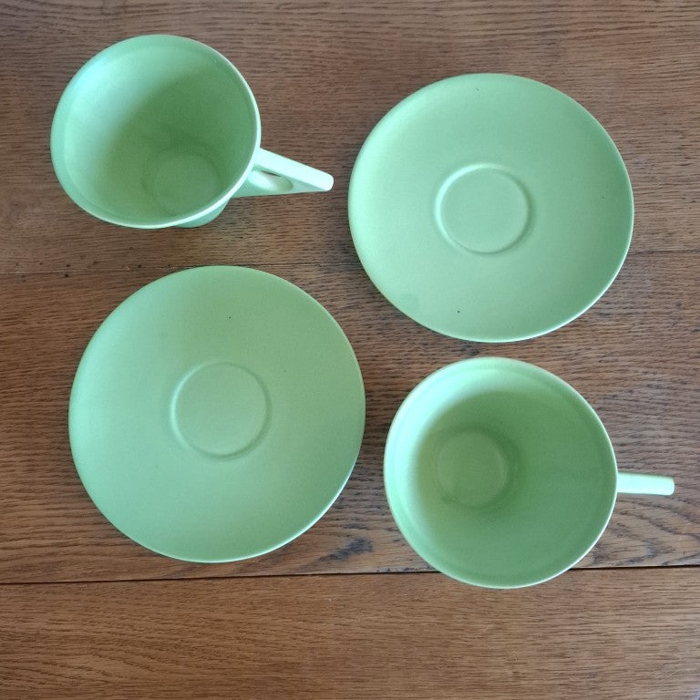 Rare Bob Steiner Green Deco Pair or Tea Cups and Saucers