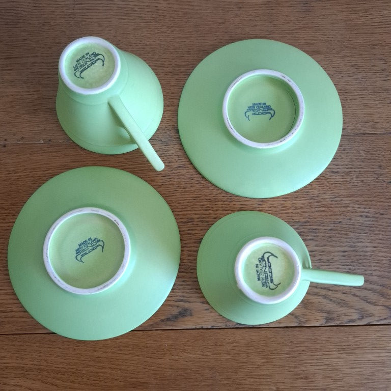 Rare Bob Steiner Green Deco Pair or Tea Cups and Saucers