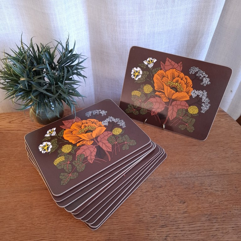 Rare Set of 11 Vintage Retro Orange and Brown Flower Power 1970's St Michael Placemats