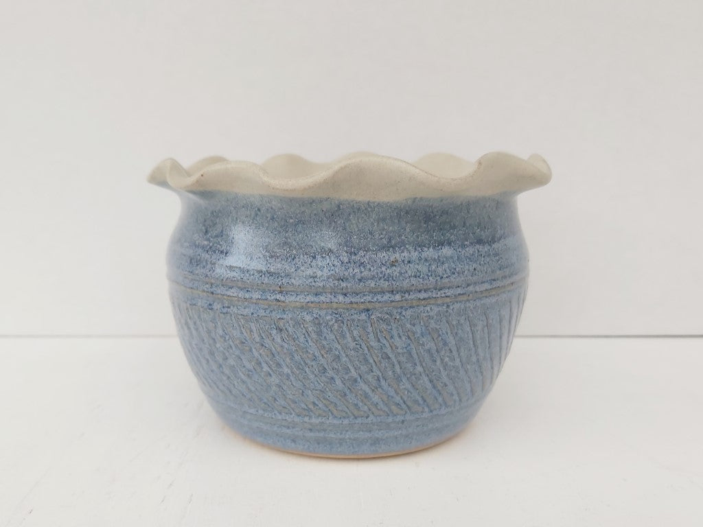 Ruffled Rim Blue Studio Pottery Planter