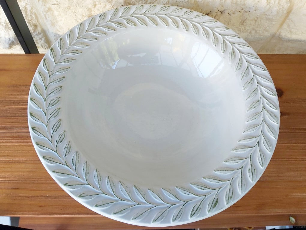 Elegant White Salad Bowl with Leaf Wreath Rim