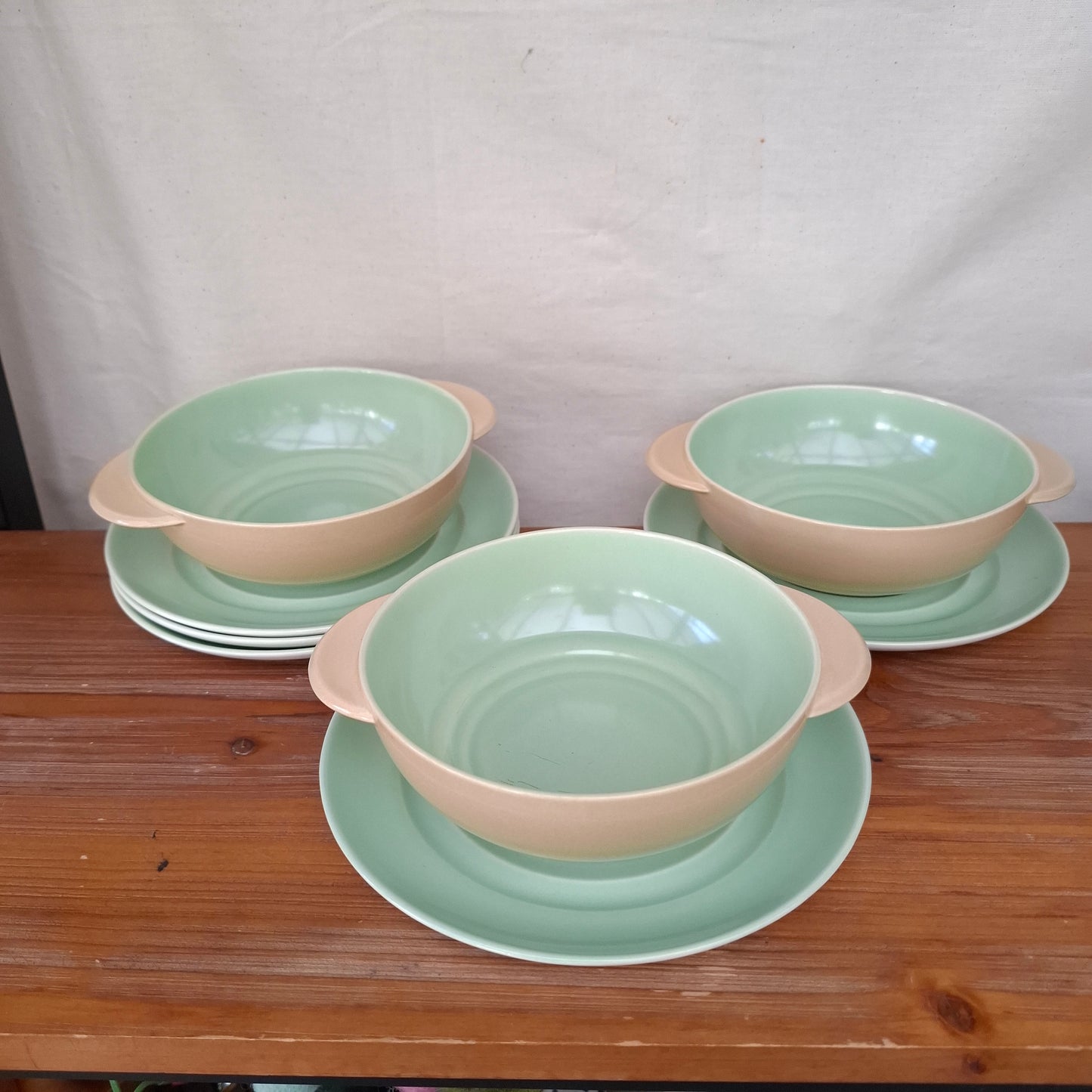 Set of 3 Branksome China Twintone Graceline Soup Bowls & Saucers