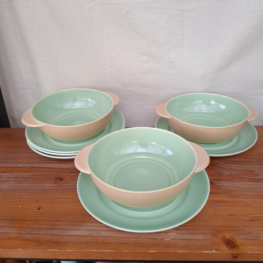 Set of 3 Branksome China Twintone Graceline Soup Bowls & Saucers