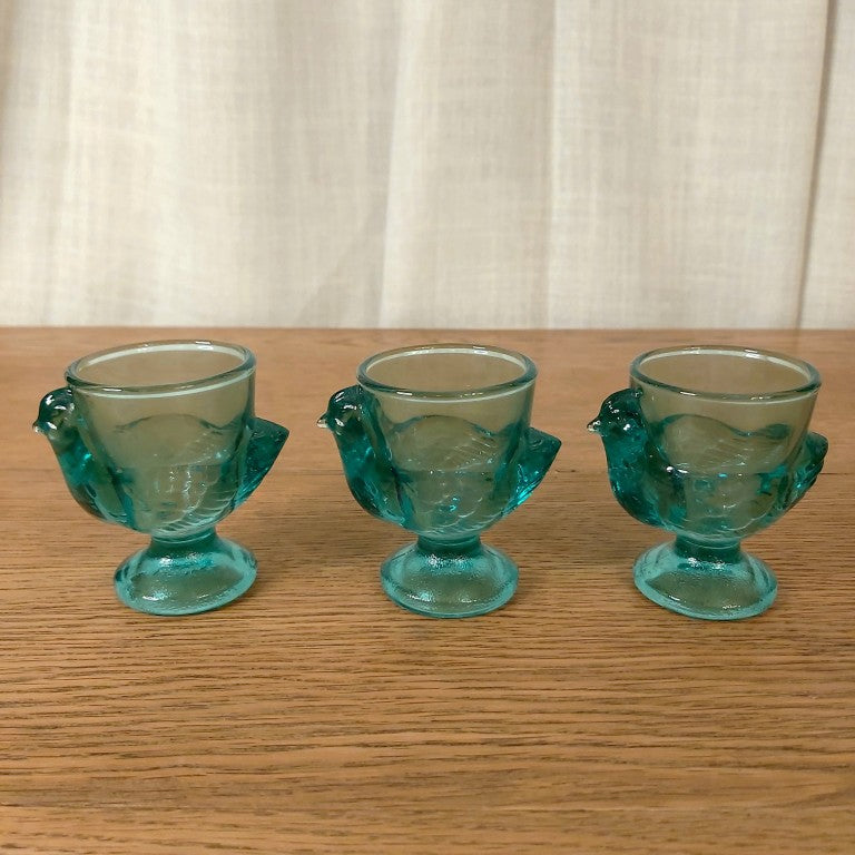 Set of 3 French Turquoise Glass Chicken Egg Cups
