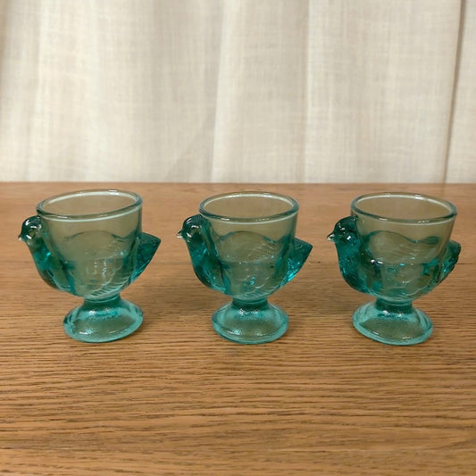 Set of 3 French Turquoise Glass Chicken Egg Cups
