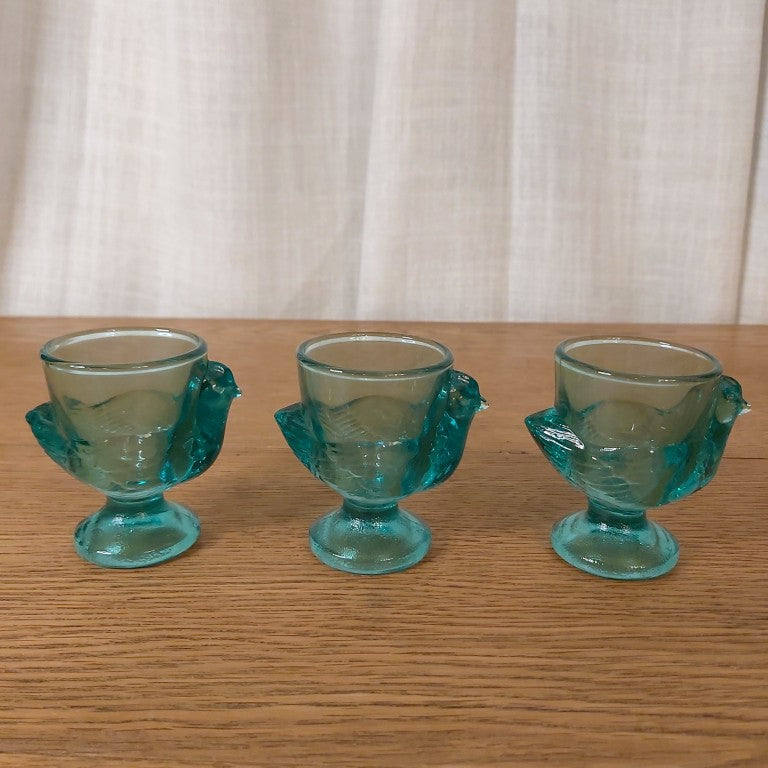 Set of 3 French Turquoise Glass Chicken Egg Cups