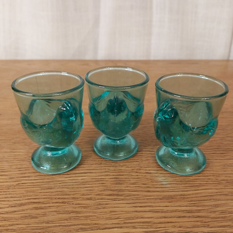 Set of 3 French Turquoise Glass Chicken Egg Cups