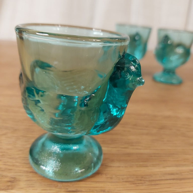 Set of 3 French Turquoise Glass Chicken Egg Cups