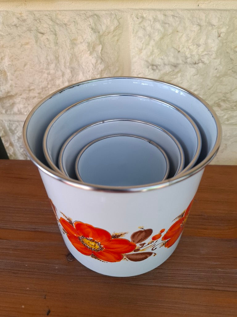 Set of 4 Retro Enamelled Metal Canisters