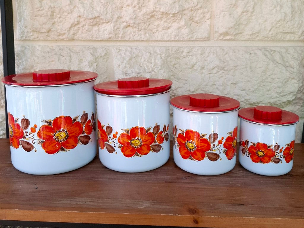Set of 4 Retro Enamelled Metal Canisters