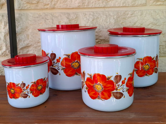 Set of 4 Retro Enamelled Metal Canisters