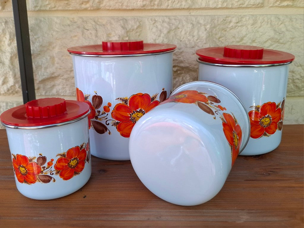Set of 4 Retro Enamelled Metal Canisters