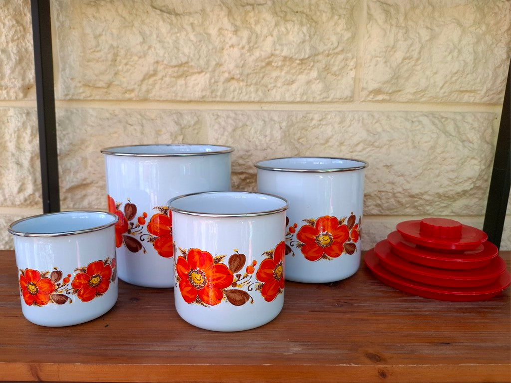 Set of 4 Retro Enamelled Metal Canisters