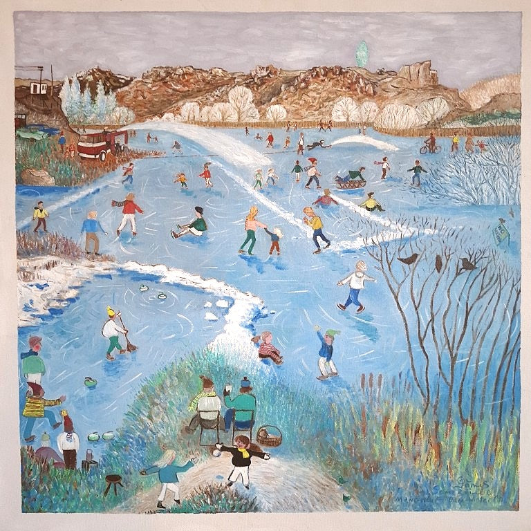 Skating at Manorburn Dam Painting Signed James Somerville 91