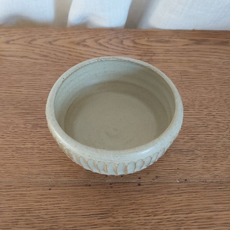 Stoneware Ridged Pottery Bowl Signed JT