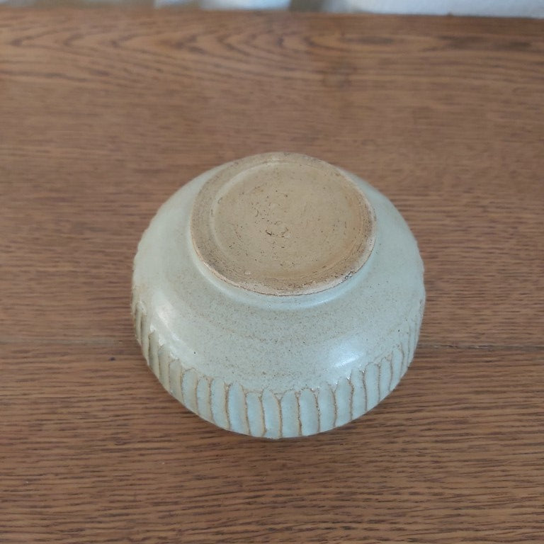 Stoneware Ridged Pottery Bowl Signed JT