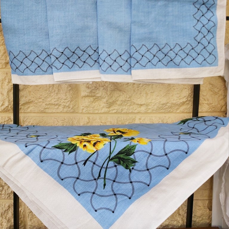 Vintage Square Blue and Yellow floral Tablecloth and Napkins
