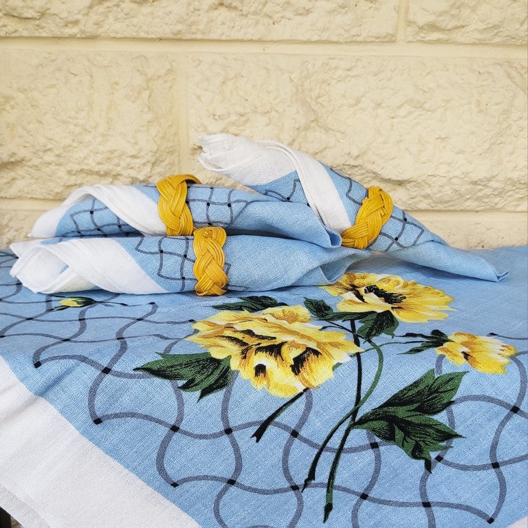 Vintage Square Blue and Yellow floral Tablecloth and Napkins
