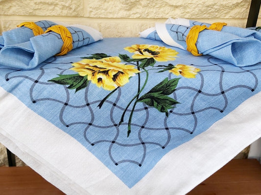 Vintage Square Blue and Yellow floral Tablecloth and Napkins