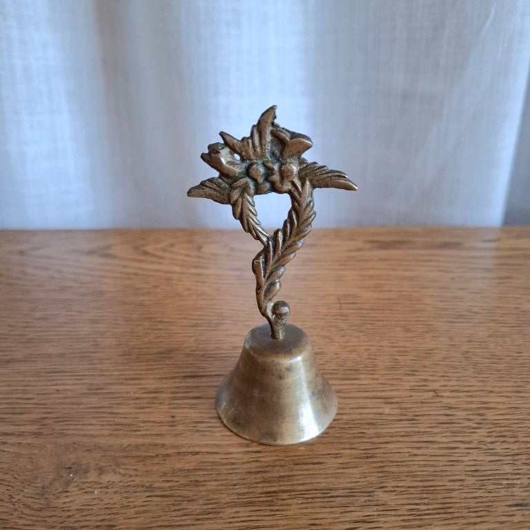 Vintage Brass Hand Bell with Ornate Floral Leaf Handle