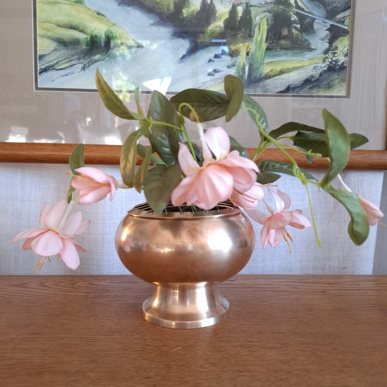 Vintage Brass Rose Bowl Flower Vase with Removable Wire Grid