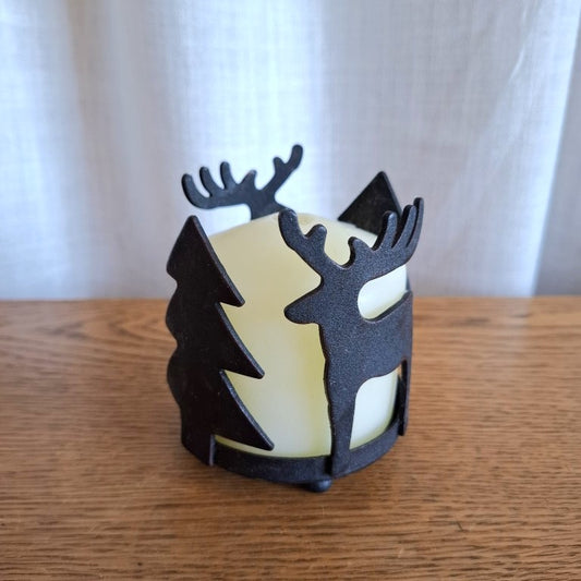 Cast Metal Stag and Pine Tree Christmas Candle Holder