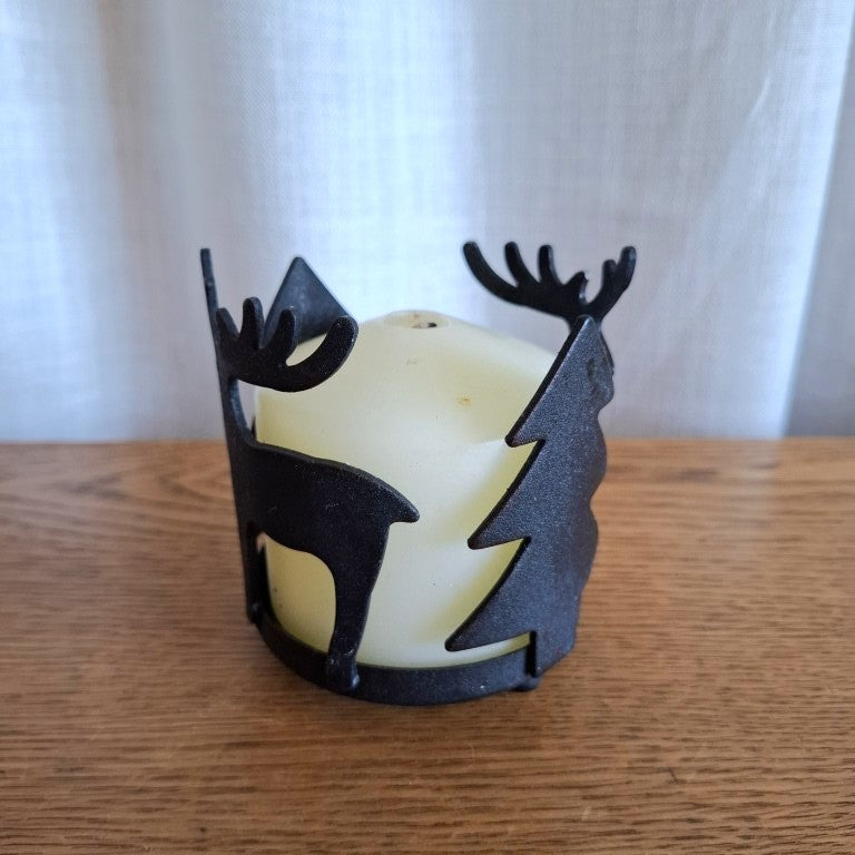 Cast Metal Stag and Pine Tree Christmas Candle Holder
