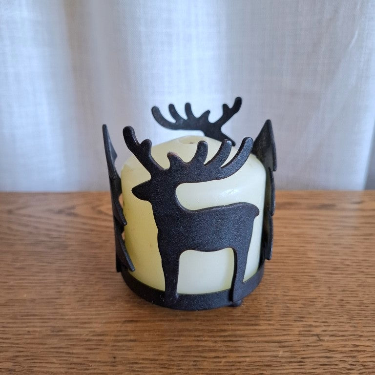 Cast Metal Stag and Pine Tree Christmas Candle Holder
