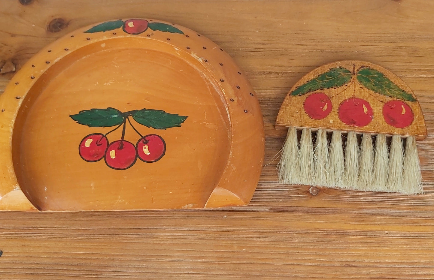 Vintage Wood Crumb Butler Painted with Cherries
