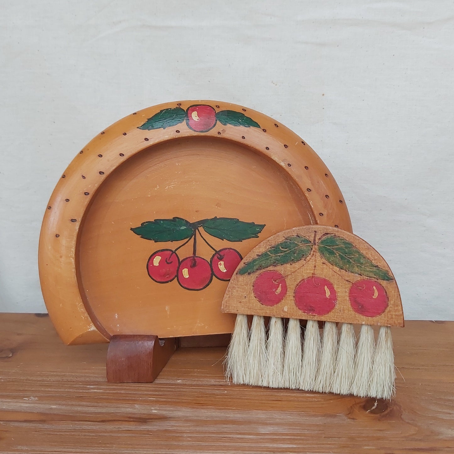 Vintage Wood Crumb Butler Painted with Cherries
