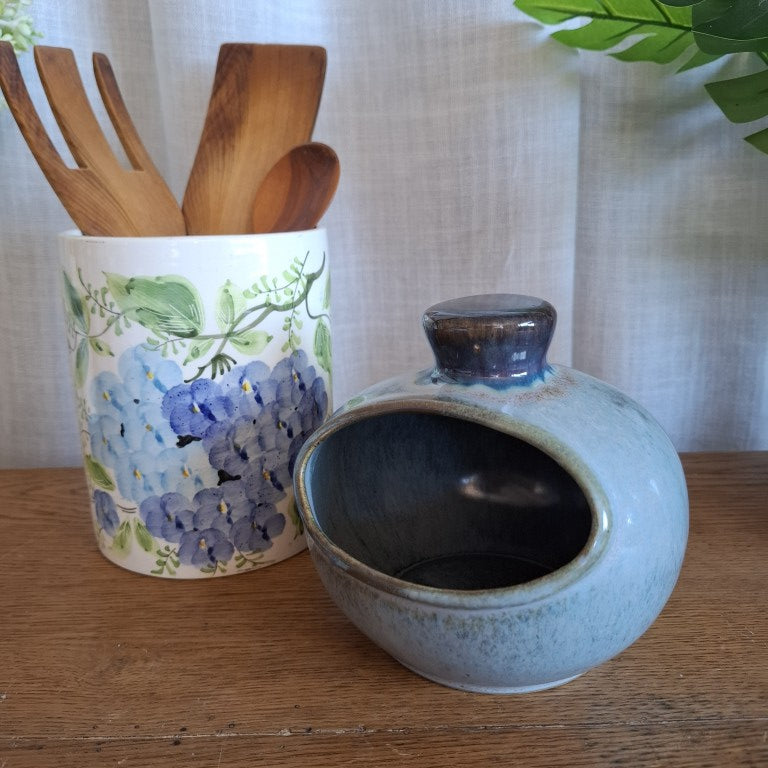Vintage Blue Clay Craft NZ Studio Pottery Salt Pig